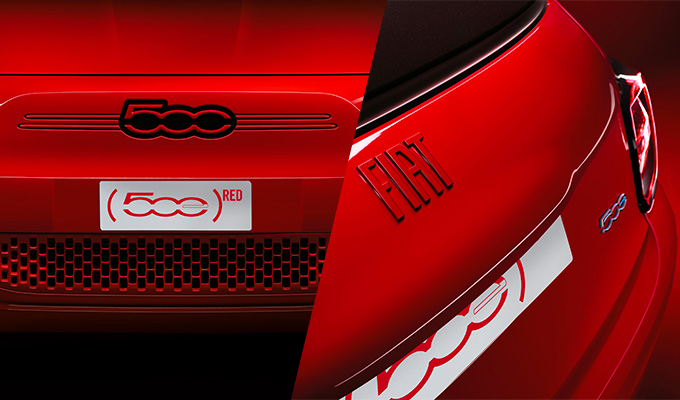 Røde detaljer på fronten og baksiden av rød Fiat 500 RED